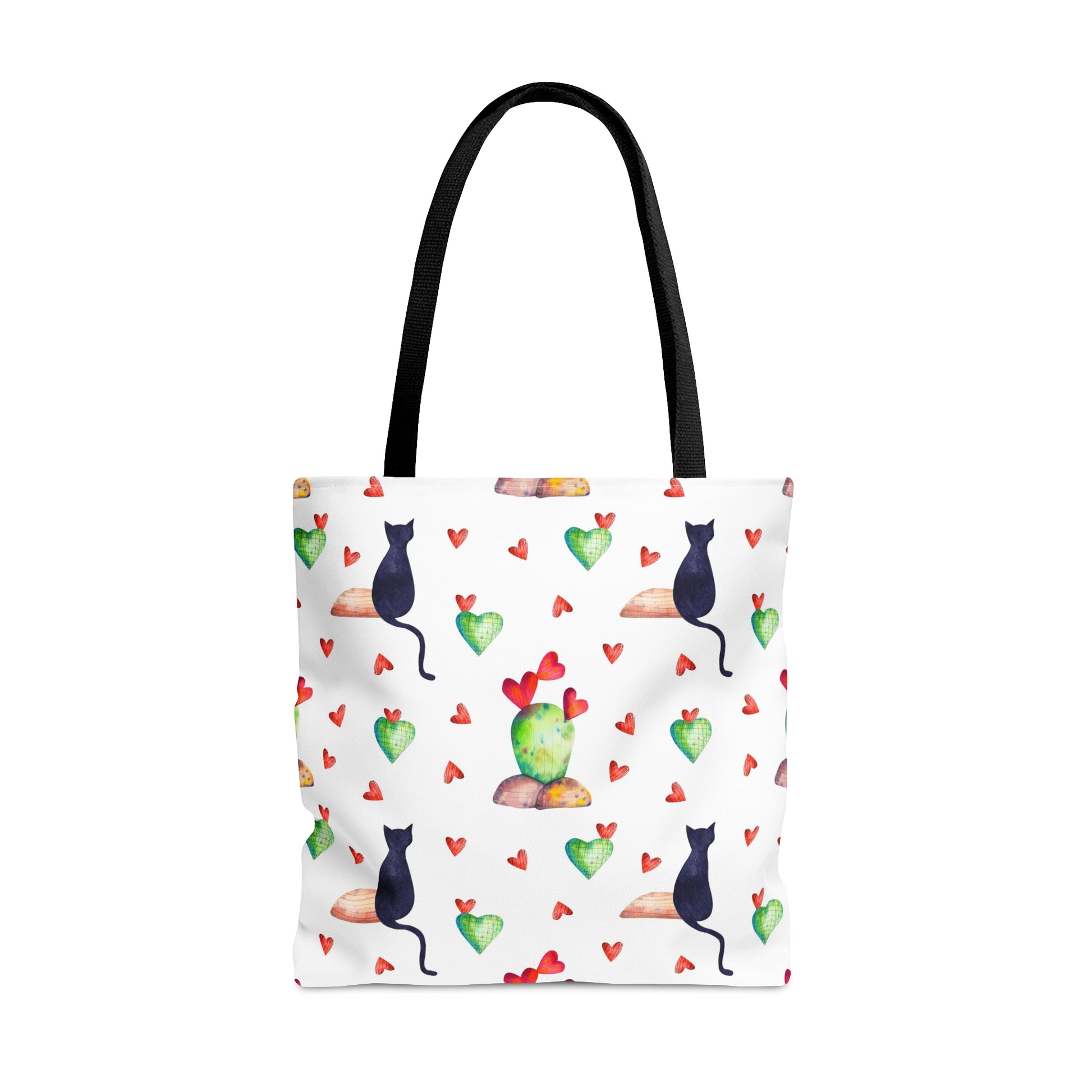 Tote bag with black cat, hearts and cactus pattern on a white background