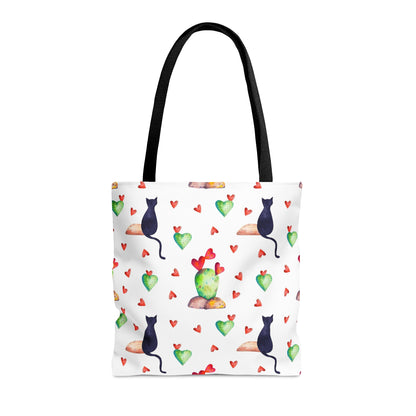 Tote bag with black cat, hearts and cactus pattern on a white background
