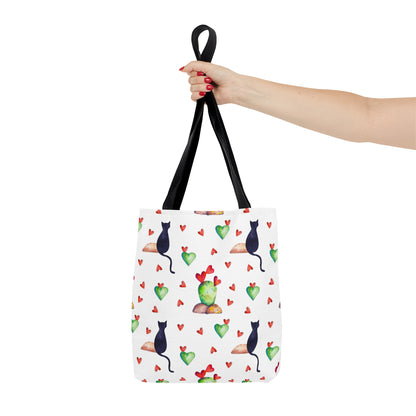 Tote bag with black cat, hearts and cactus pattern on a white background
