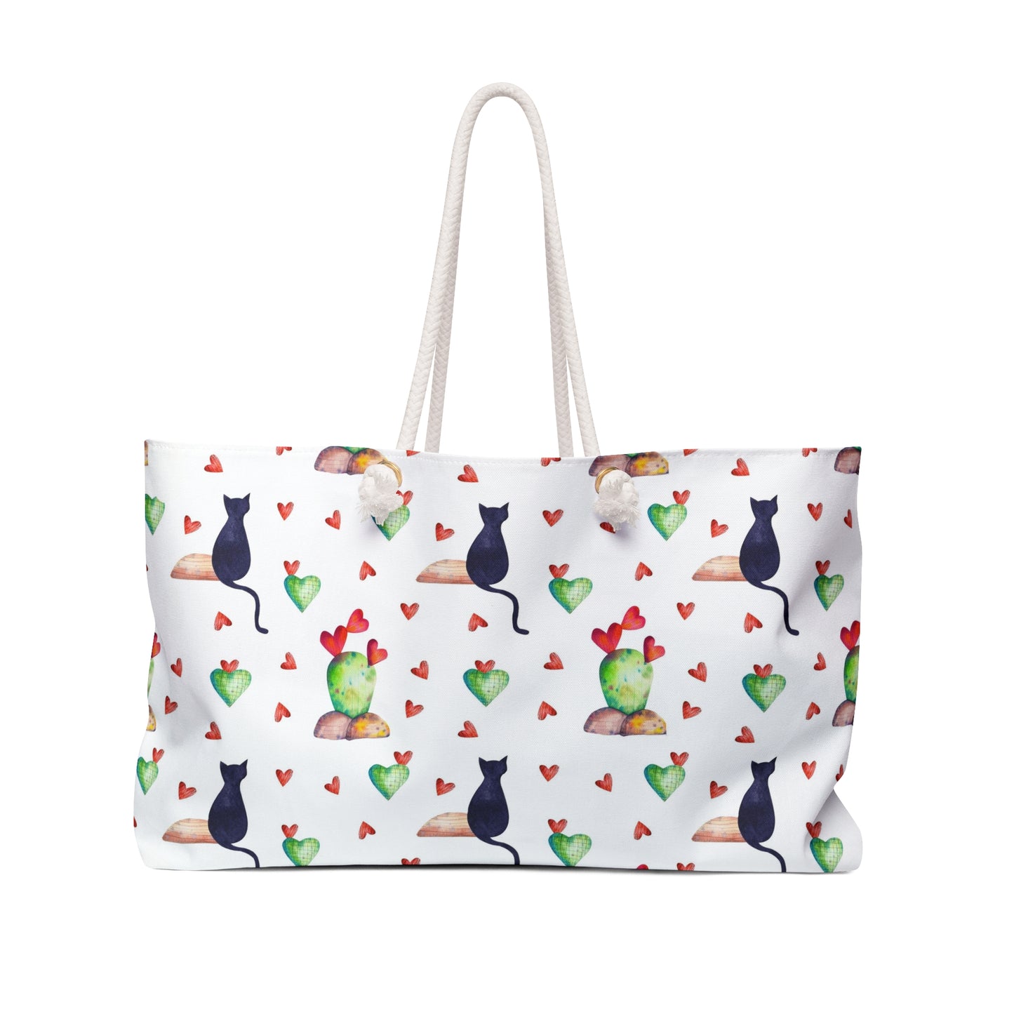 Tote bag with black cat, love hearts and cactus pattern 