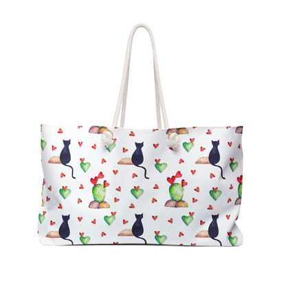 Tote bag with black cat, love hearts and cactus pattern 