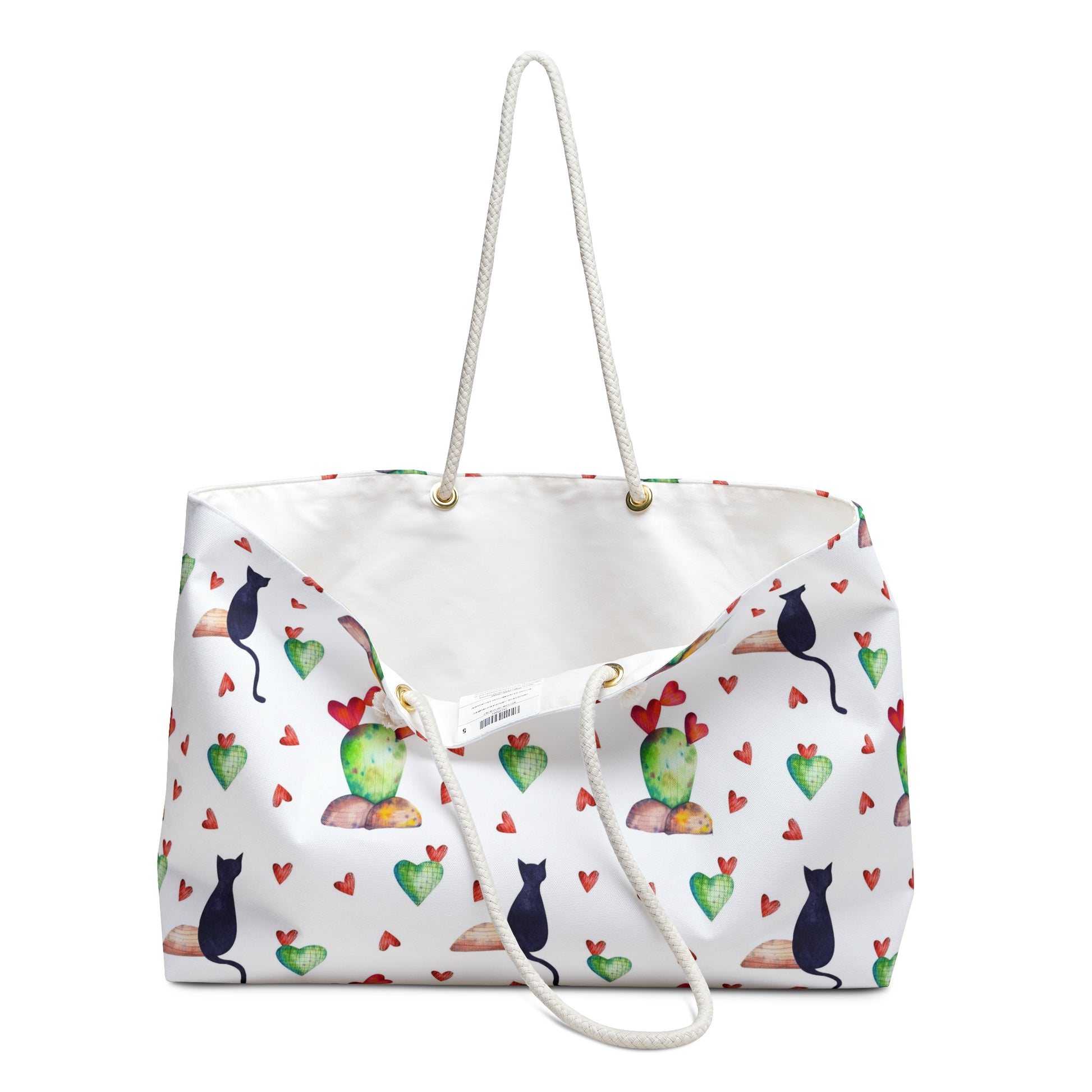 Tote bag with black cat, love hearts and cactus pattern 