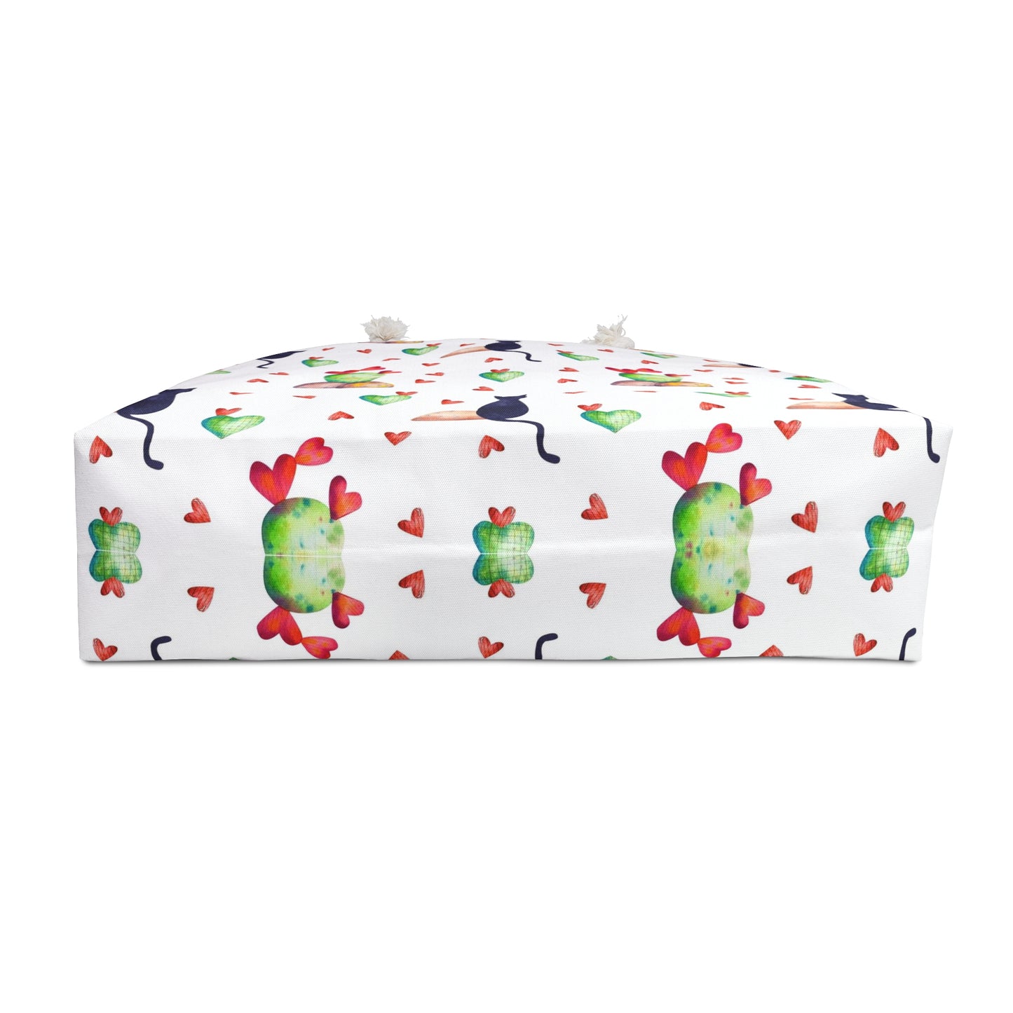 Tote bag with black cat, love hearts and cactus pattern 