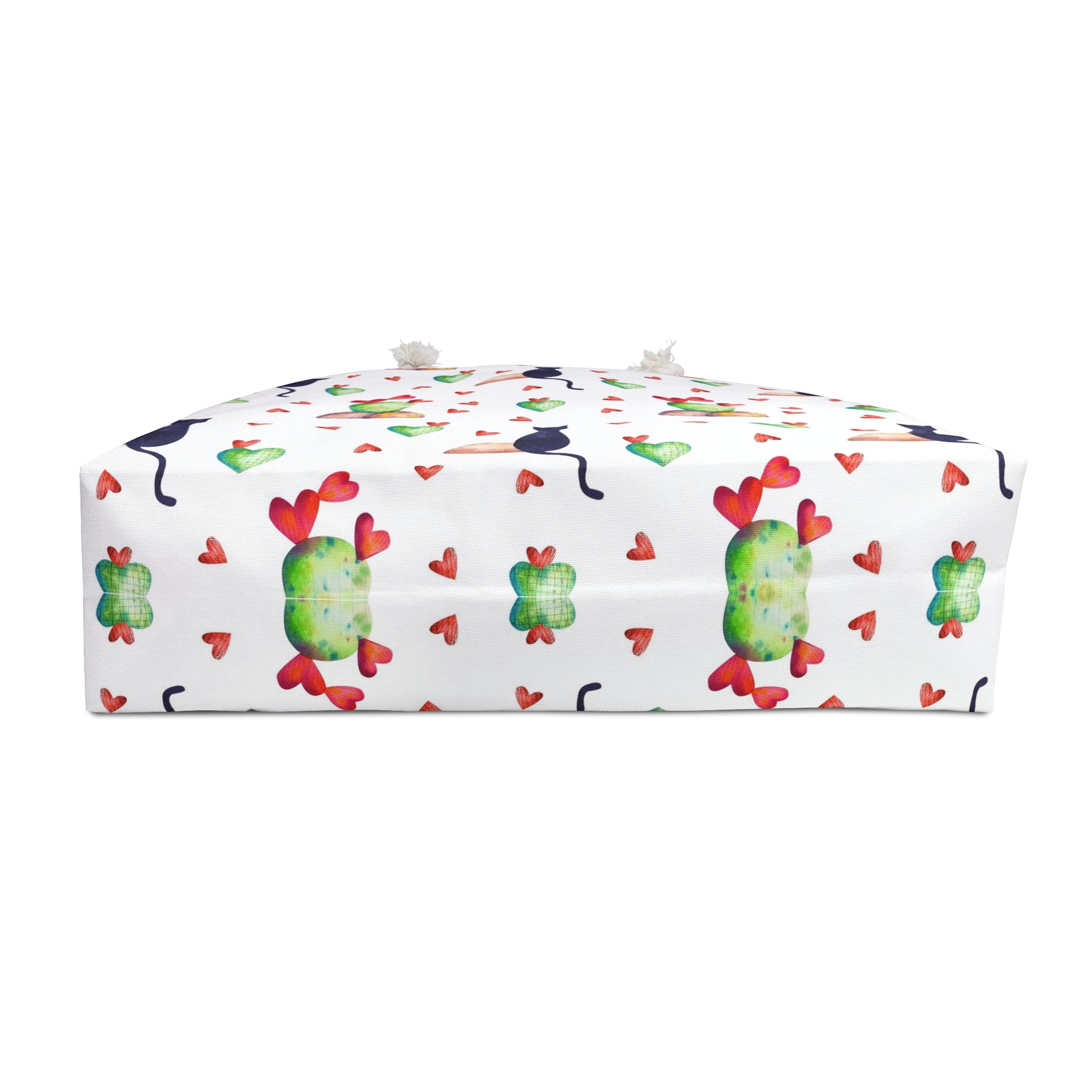 Tote bag with black cat, love hearts and cactus pattern 