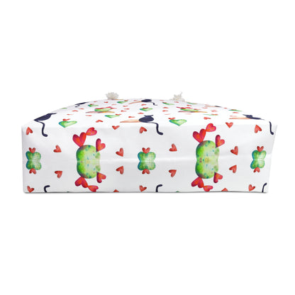 Tote bag with black cat, love hearts and cactus pattern 