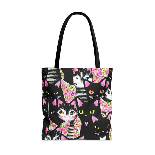 Tote bag with cartoon cats and roses pattern 