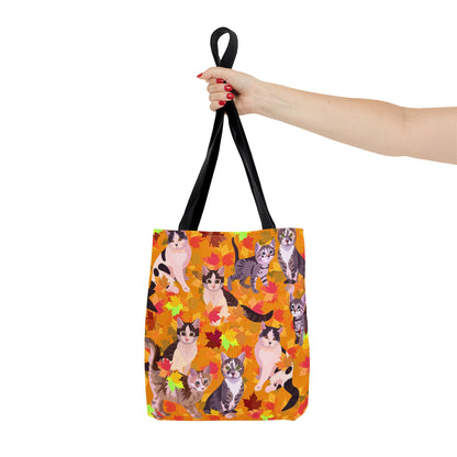 Orange Tote bag with illustrated cats and fall leaf theme