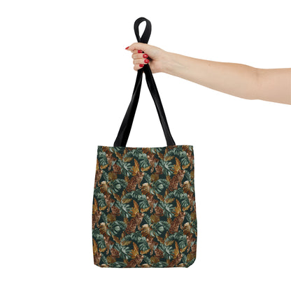 Tote bag with a Bengal cat and leaf pattern.