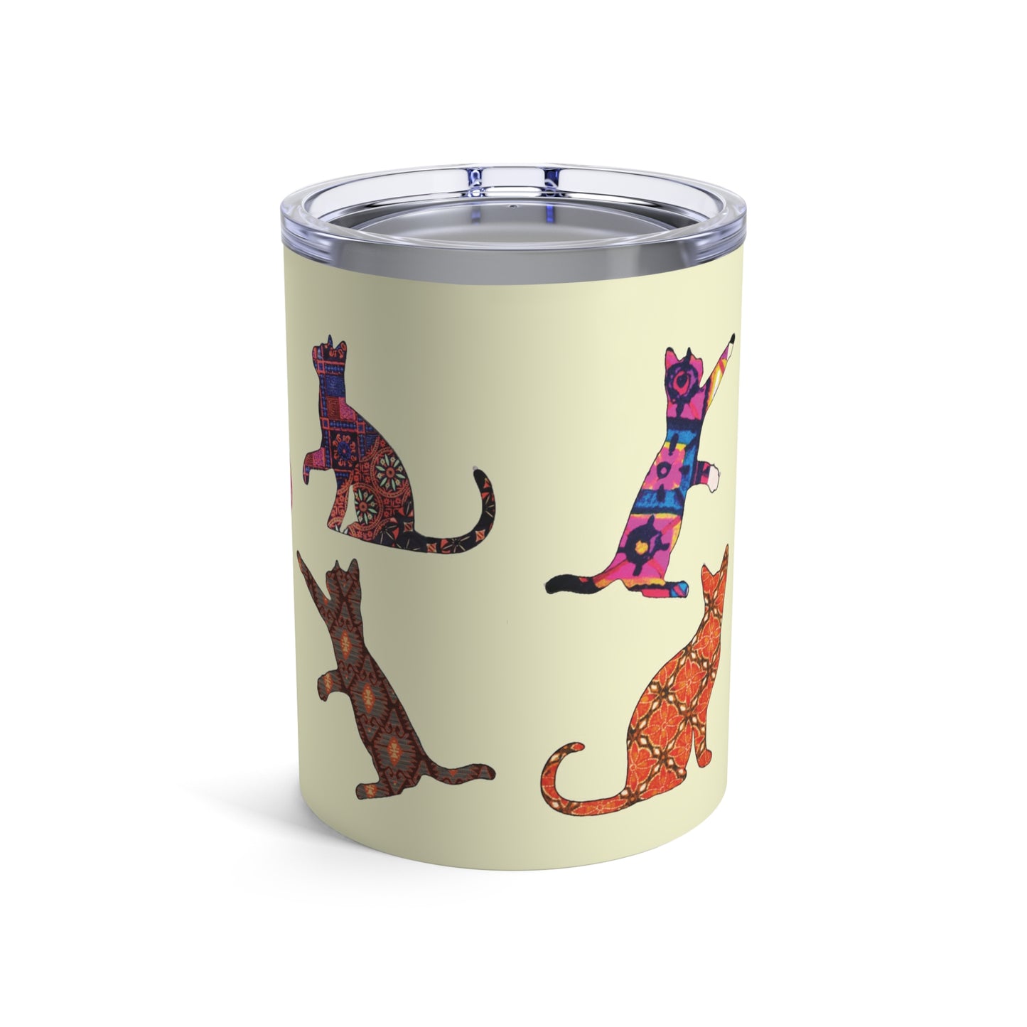 Tumbler 10oz with colorful cat silhouette designs on a cream background