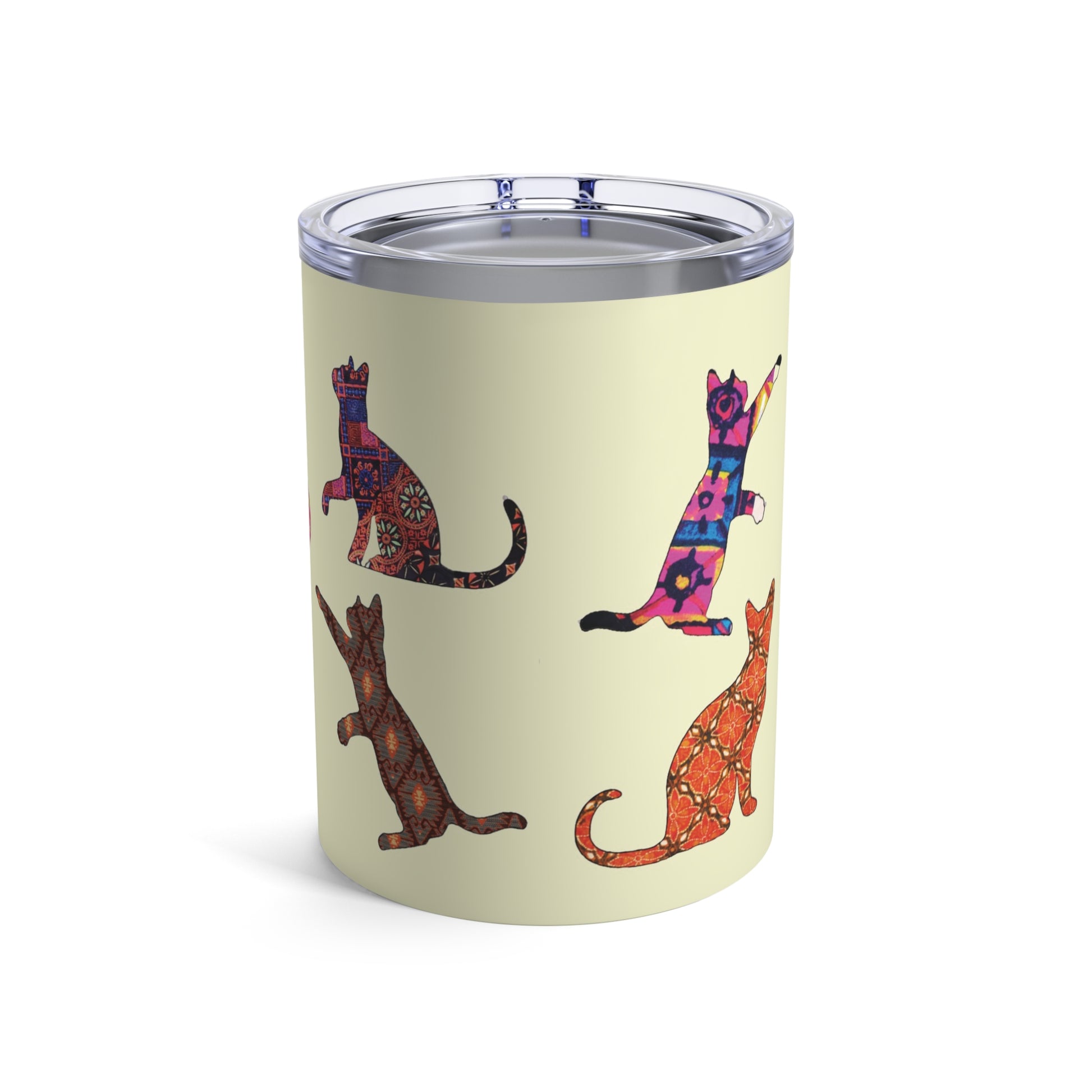 Tumbler 10oz with colorful cat silhouette designs on a cream background