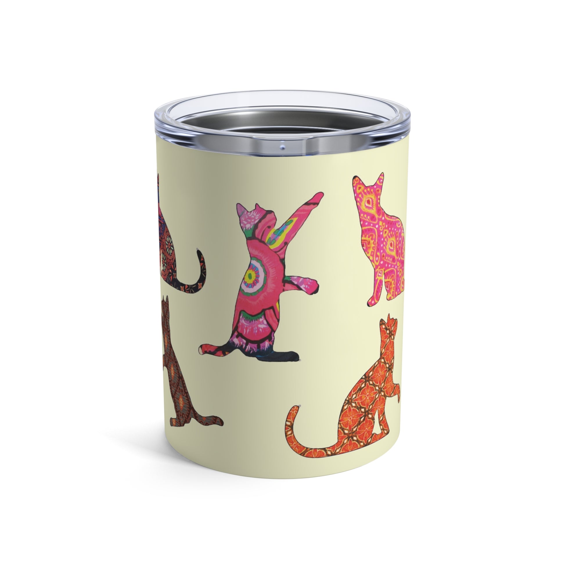 Tumbler 10oz with colorful cat silhouette designs on a cream background