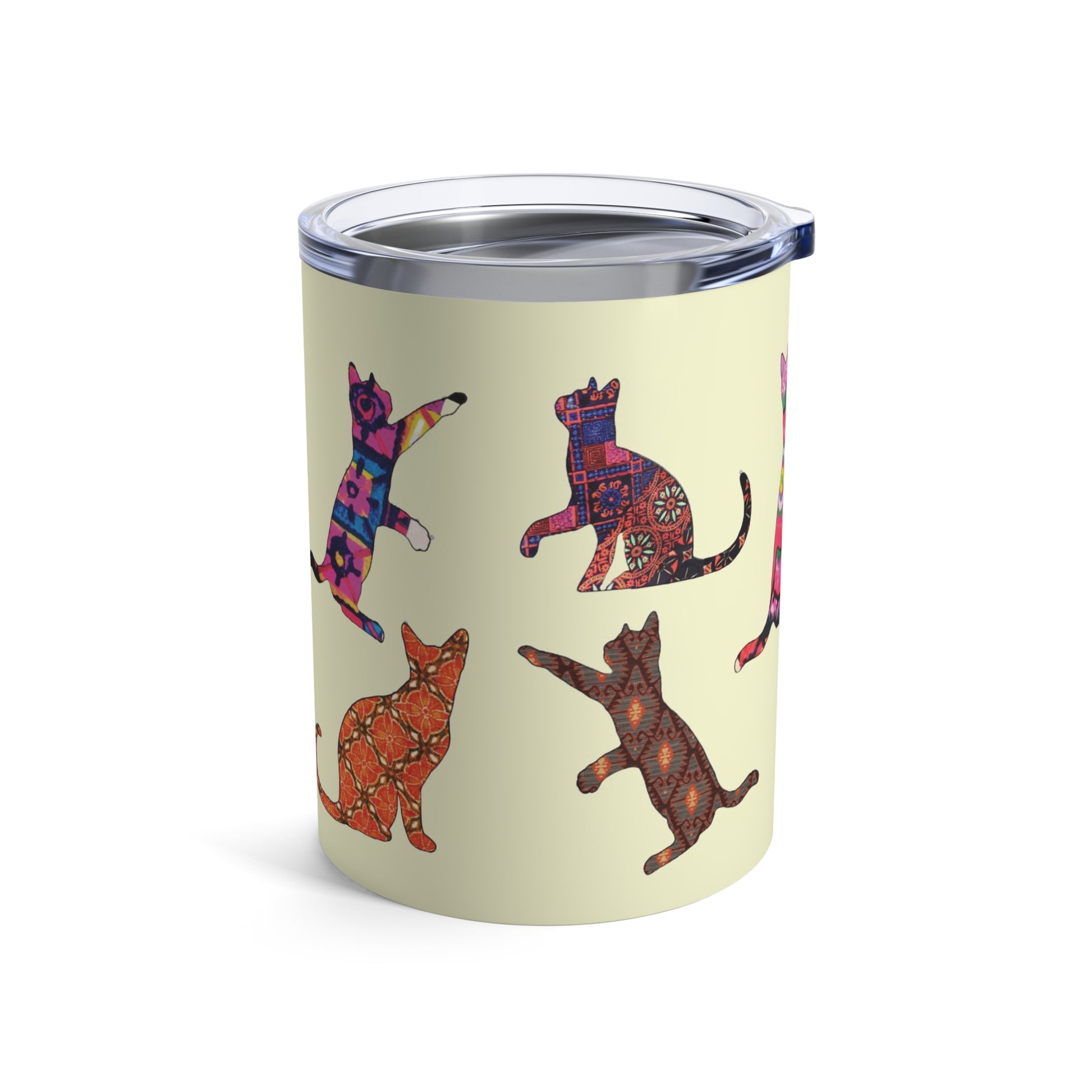 Tumbler 10oz with colorful cat silhouette designs on a cream background
