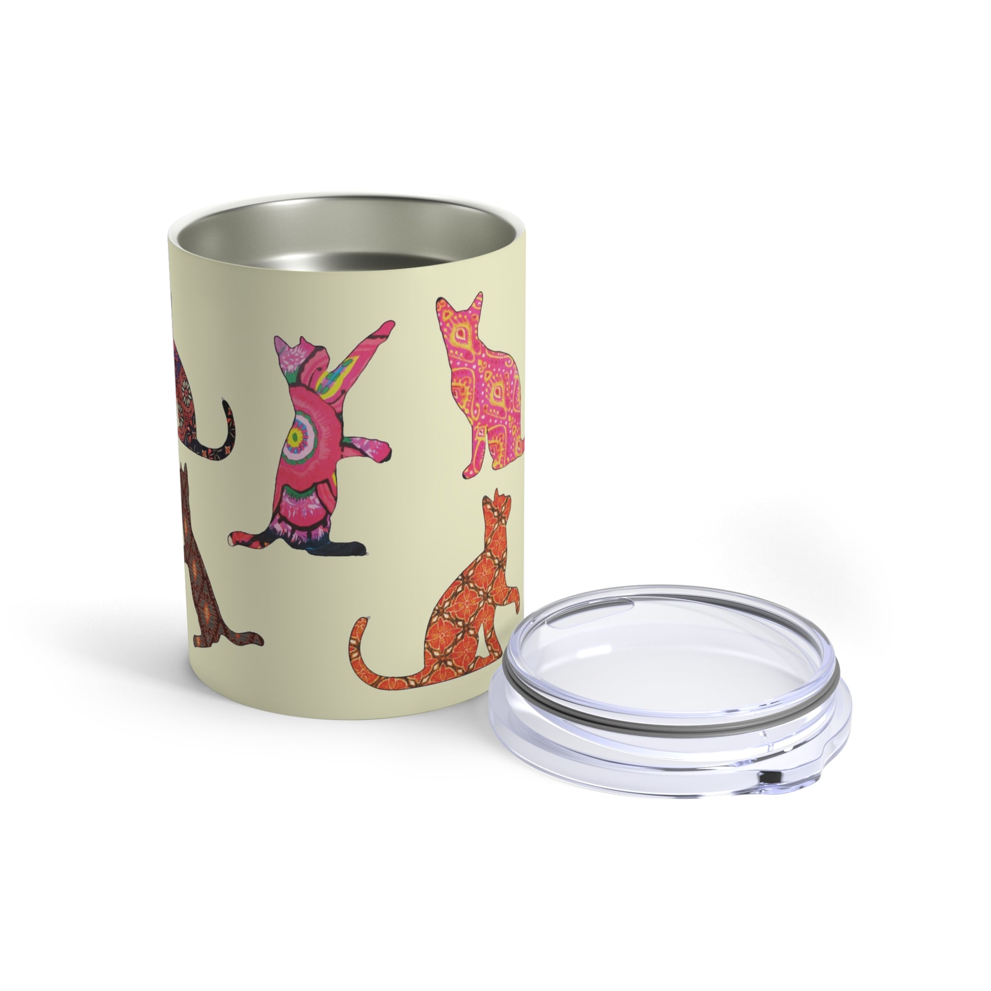 Tumbler 10oz with colorful cat silhouette designs on a cream background