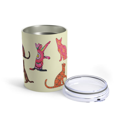 Tumbler 10oz with colorful cat silhouette designs on a cream background