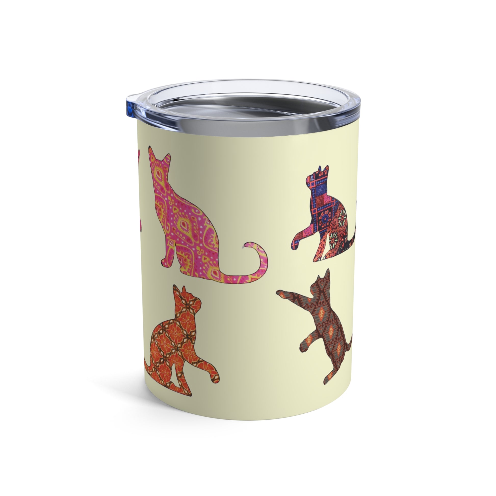 Tumbler 10oz with colorful cat silhouette designs on a cream background