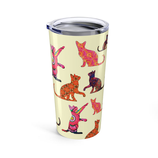 Tumbler with colorful cat pattern on a Cream background 20oz