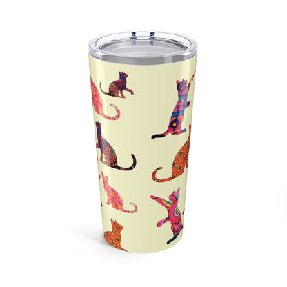 Tumbler with colorful cat pattern on a Cream background 20oz