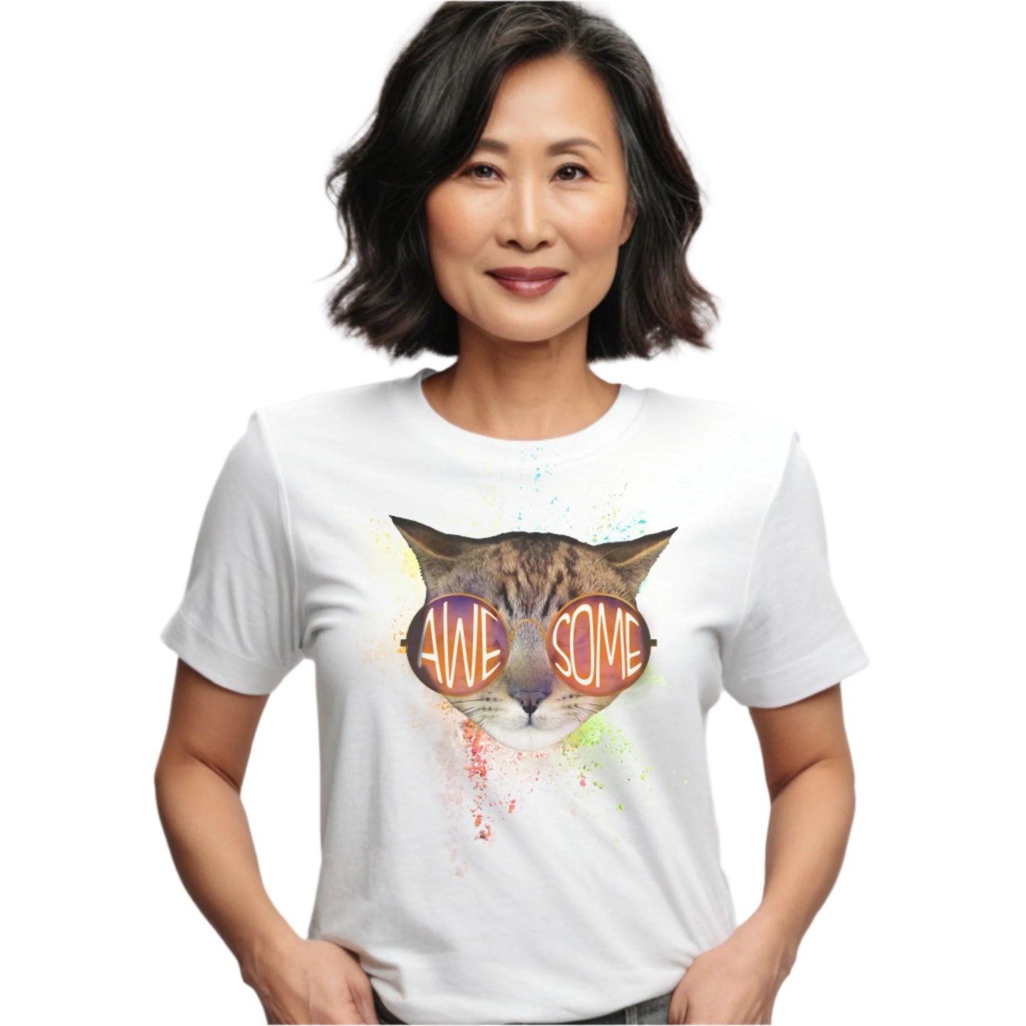 White Awesome Cat T-Shirt Crew Neck Unisex