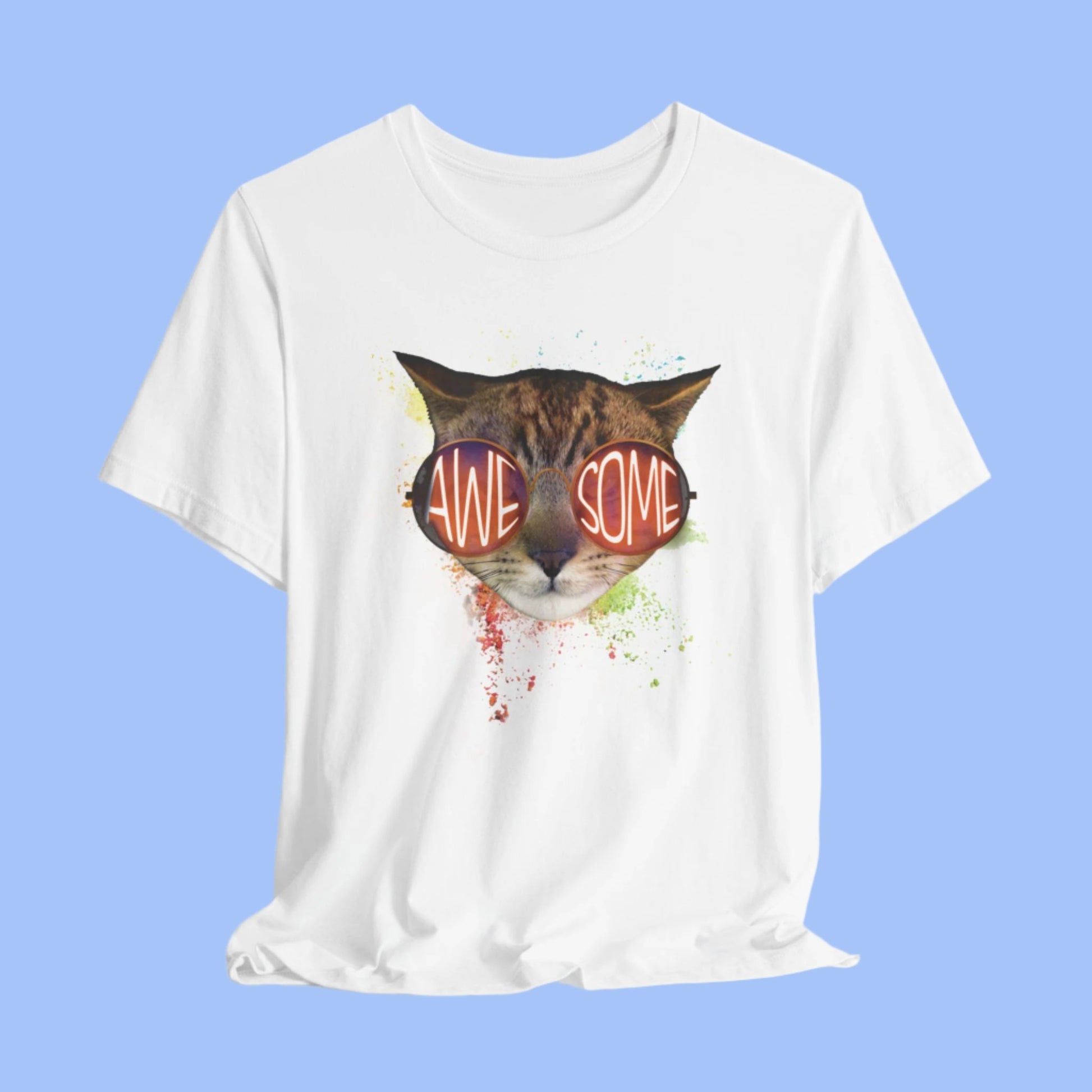 White Awesome Cat T-Shirt Crew Neck Unisex