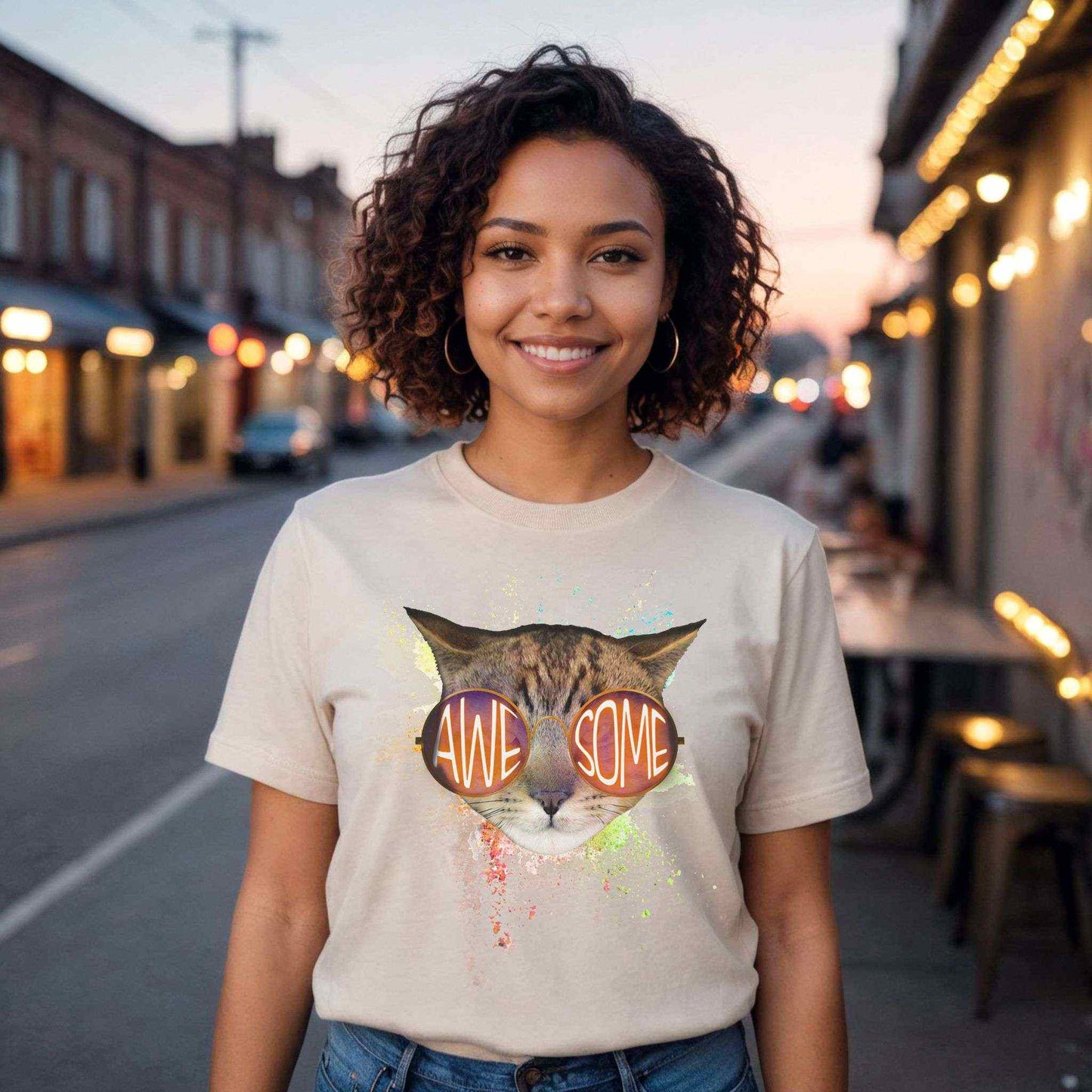 White Awesome Cat T-Shirt Crew Neck Unisex