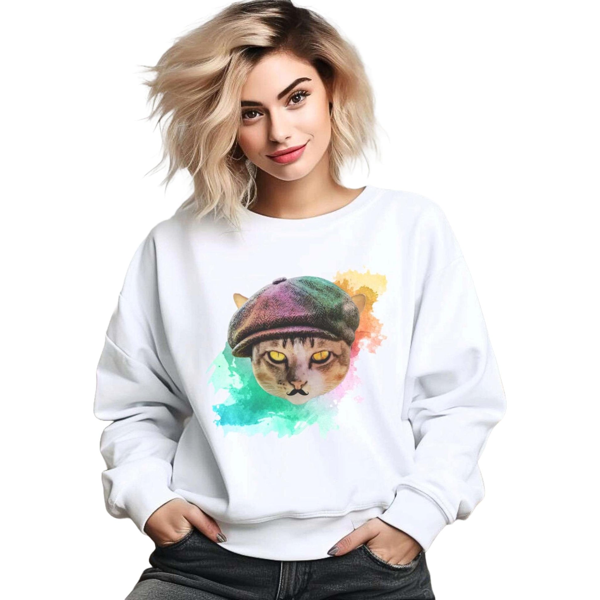 White Baker Boy Cat Themed Crewneck Unisex Sweatshirt