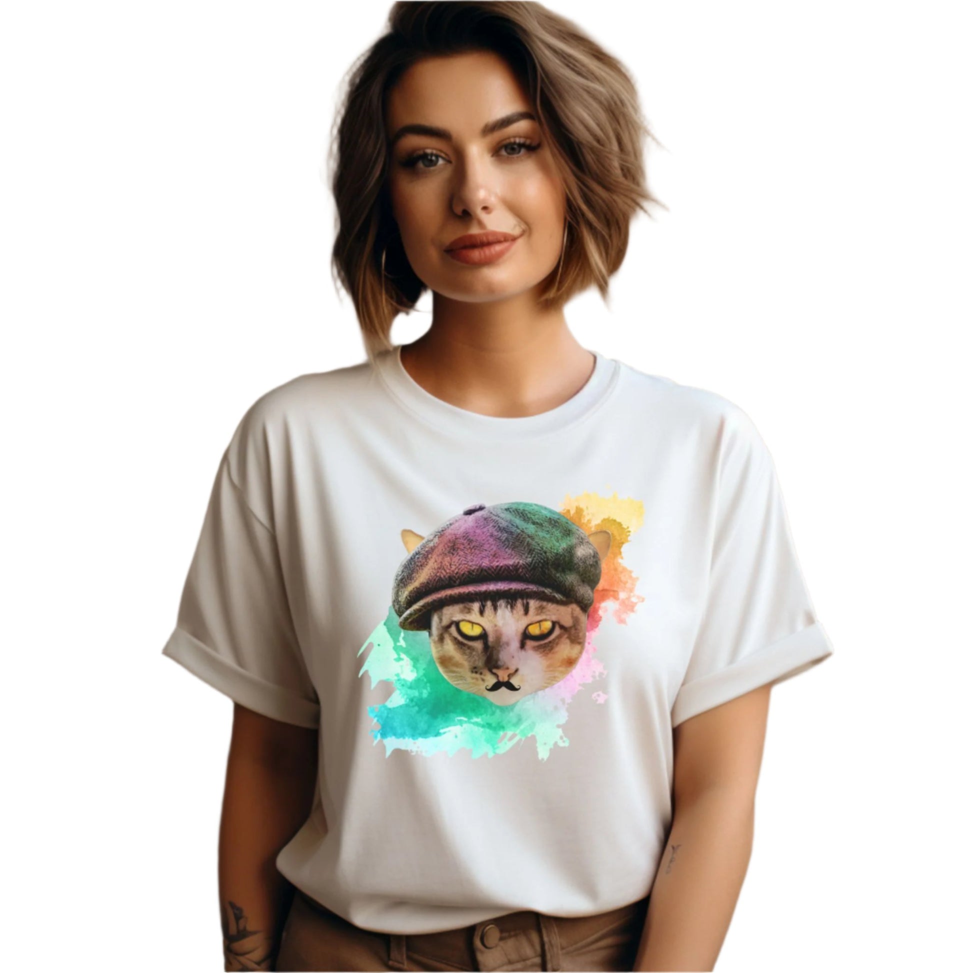 White Baker Boy Cat T-Shirt Unisex Crew Neck