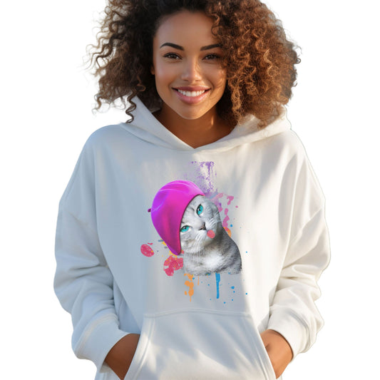 White_Beret_Girl_Cat Themed Hooded_Sweatshirt