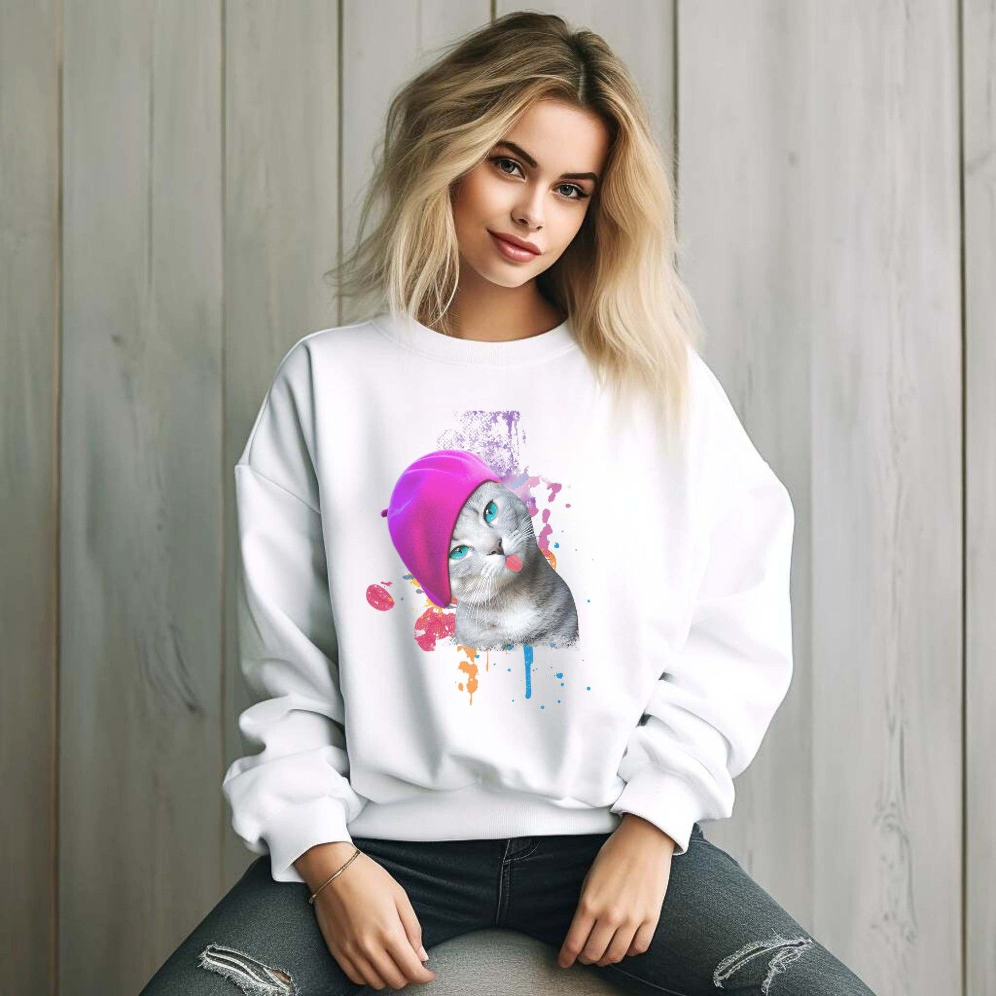 White Beret Girl Cat themed Unisex Sweatshirt