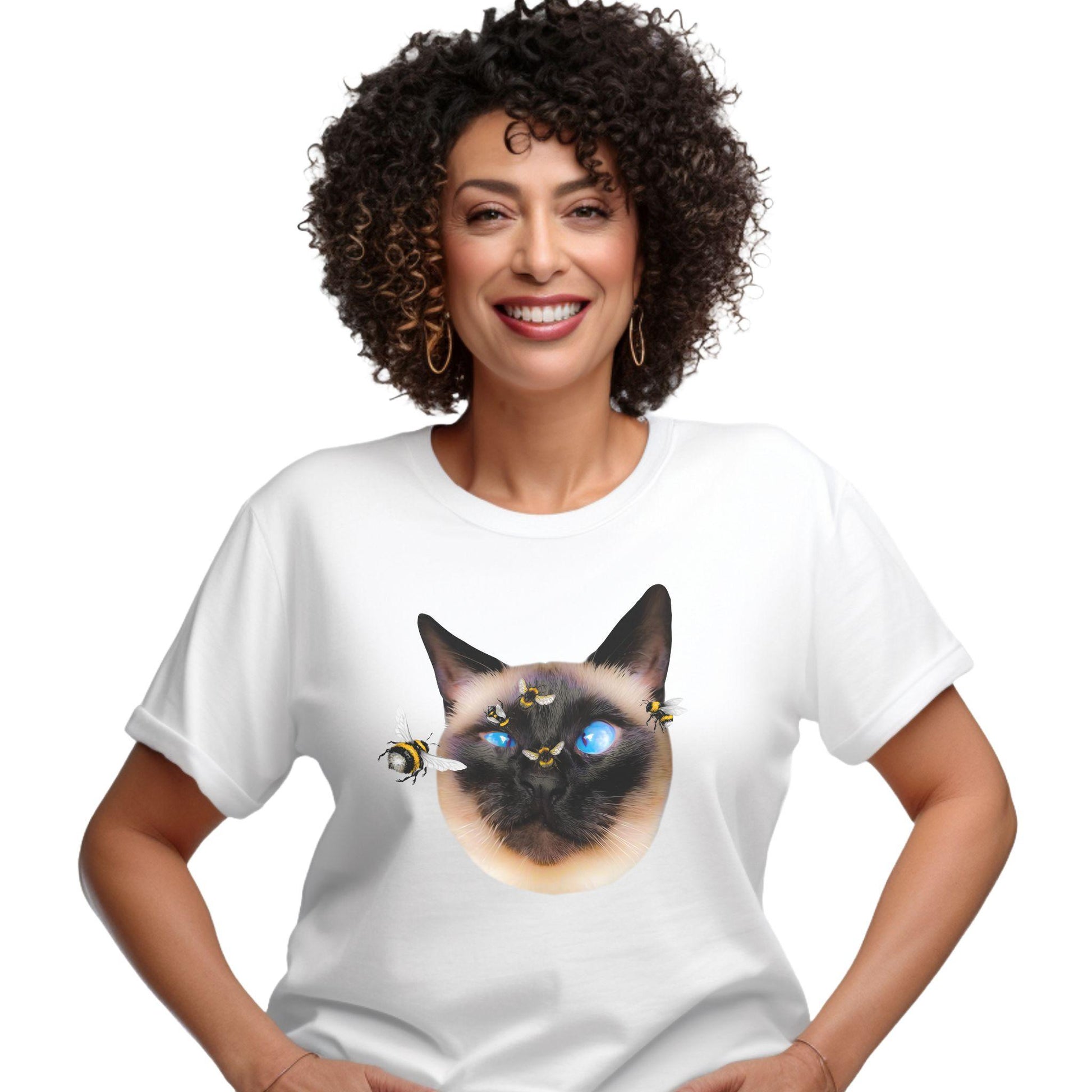 White_Buzz_Off_Siamese_Cat_T-Shirt Unisex Crew Neck
