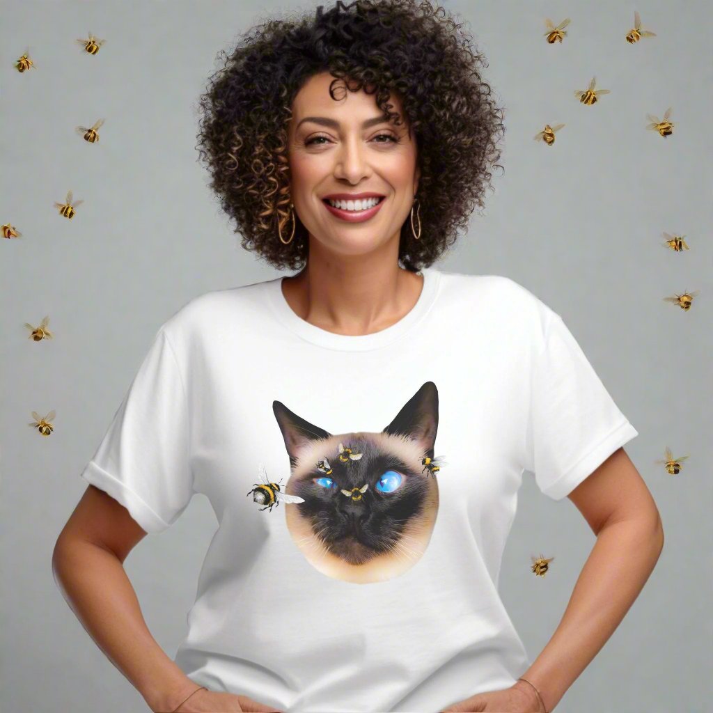 White_Buzz_Off_Siamese_Cat_T-Shirt Unisex Crew Neck