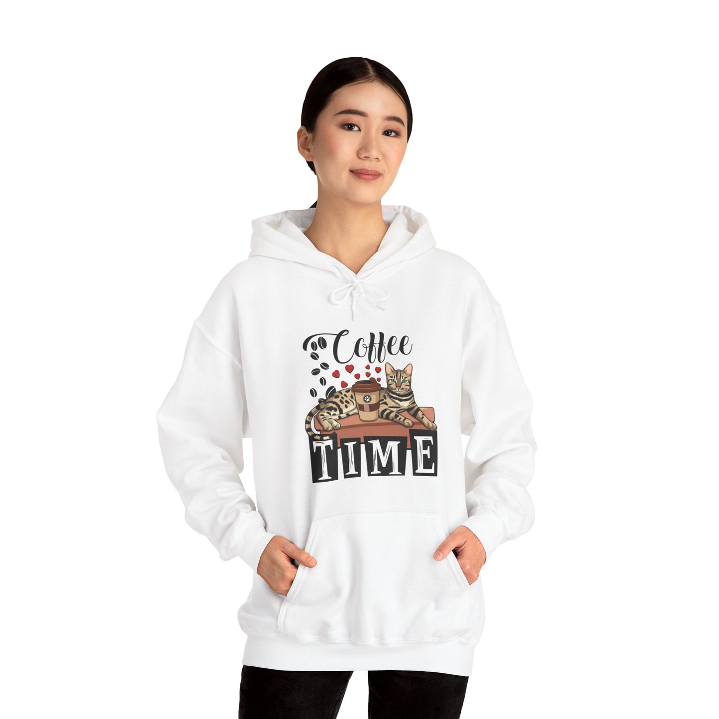White C☕ffee Beans & Love Hearts Cat Themed Hooded Sweatshirt Unisex