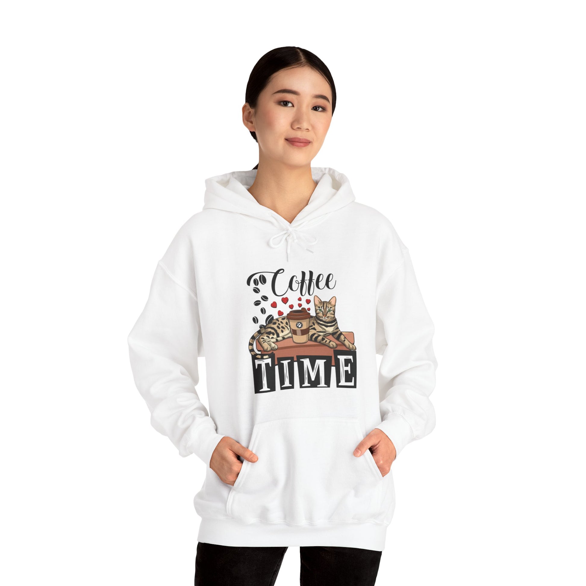 White C☕ffee Beans & Love Hearts Cat Themed Hooded Sweatshirt Unisex