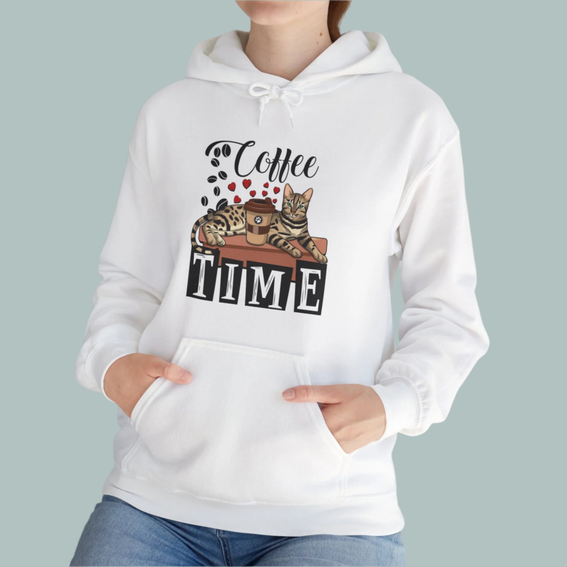 White C☕ffee Beans & Love Hearts Cat Themed Hooded Sweatshirt Unisex