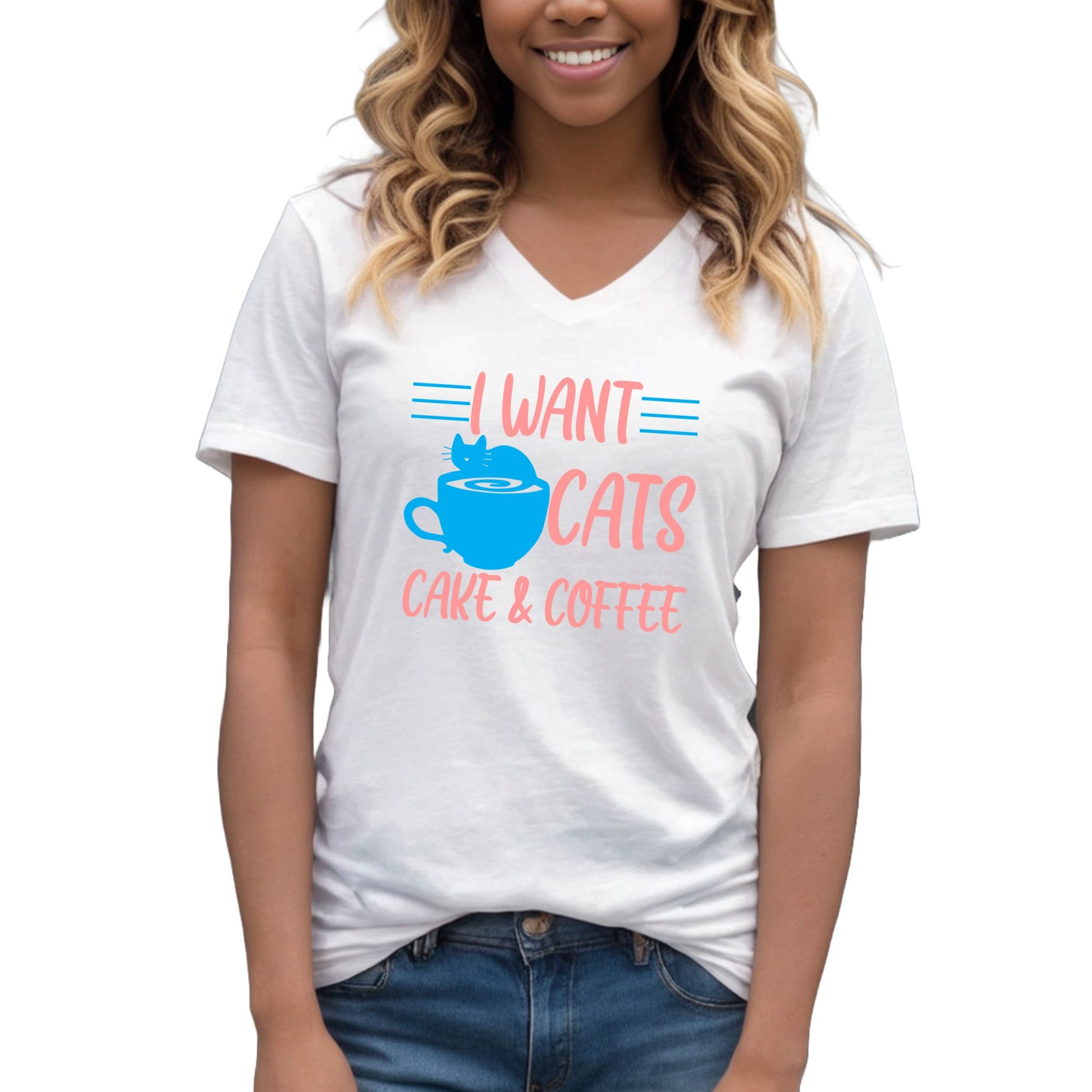 White Cats Coffee & Cake V-Neck T-Shirt Unisex