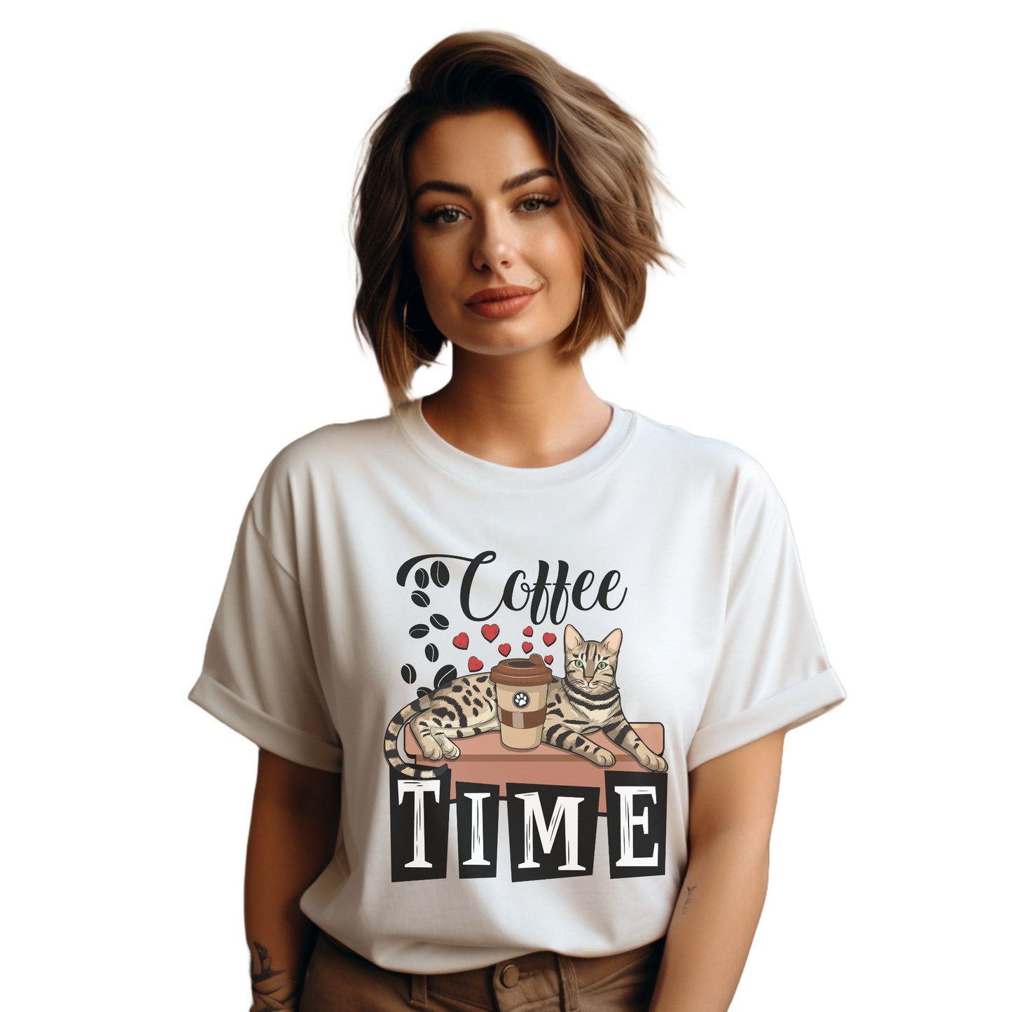 White Coffee_Beans_Love_Hearts_T-Shirt_Unisex Bengal Cat