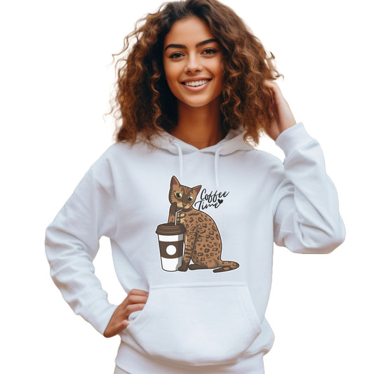 White Drinking Cat Hooded Sweatshirt Unisex