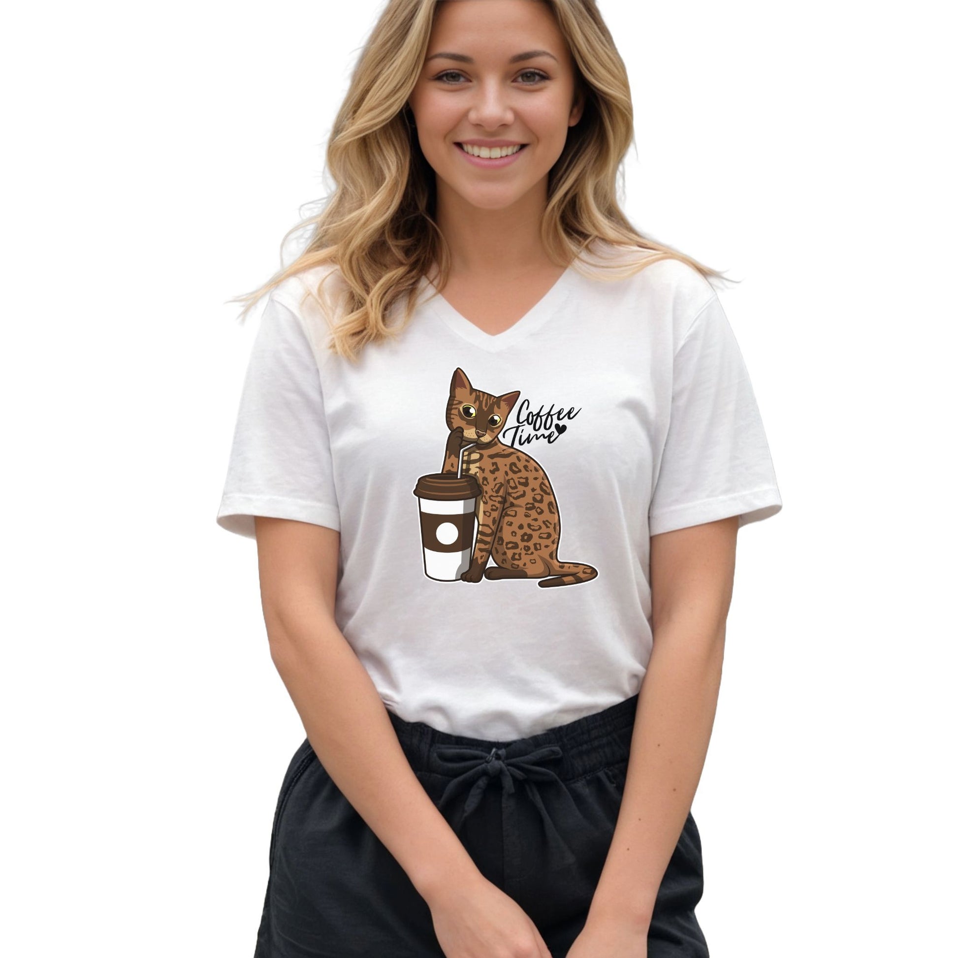 White Drinking Cat T-Shirt Unisex V-Neck