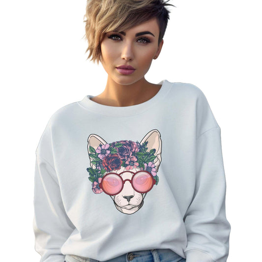 White Flower Sphynx Cat Themed Crewneck Unisex Sweatshirt