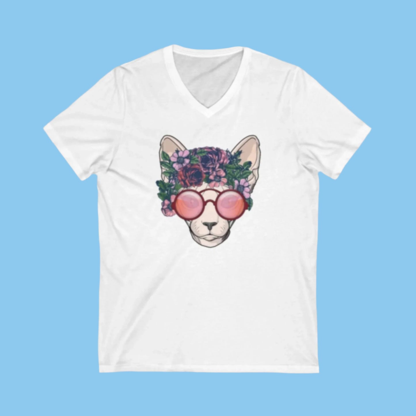 White flower sphynx cat V-Neck T-shirt