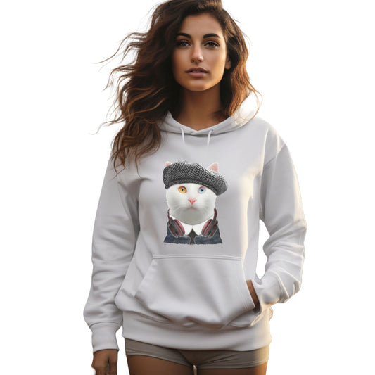 White Headphones Cat Themed Hooded Sweatshirt Unisex