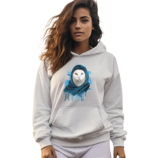 White Headscarf Cat Themed Hooded Sweatshirt Unisex