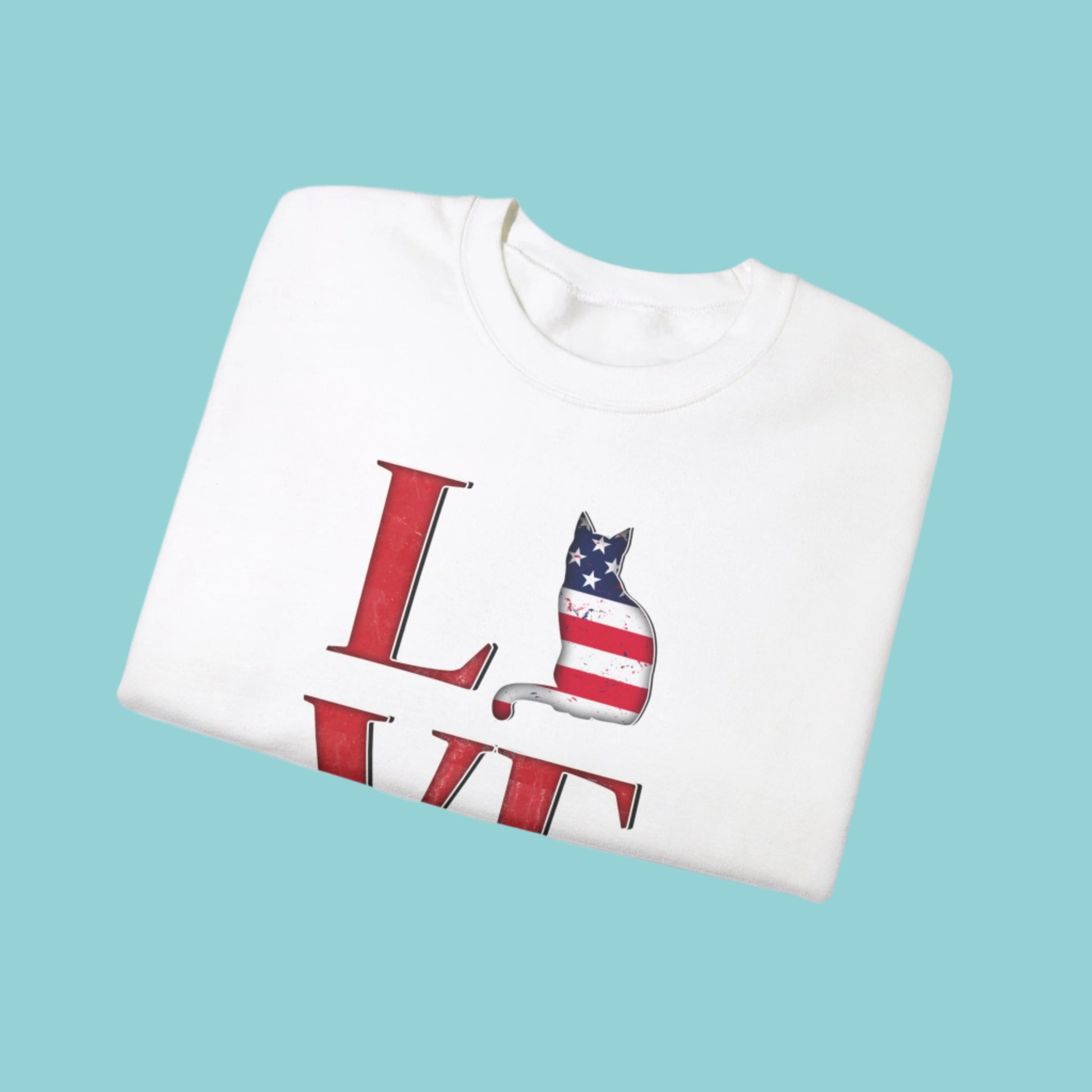 White LOVE USA Cat Themed Crewneck Unisex Sweatshirt