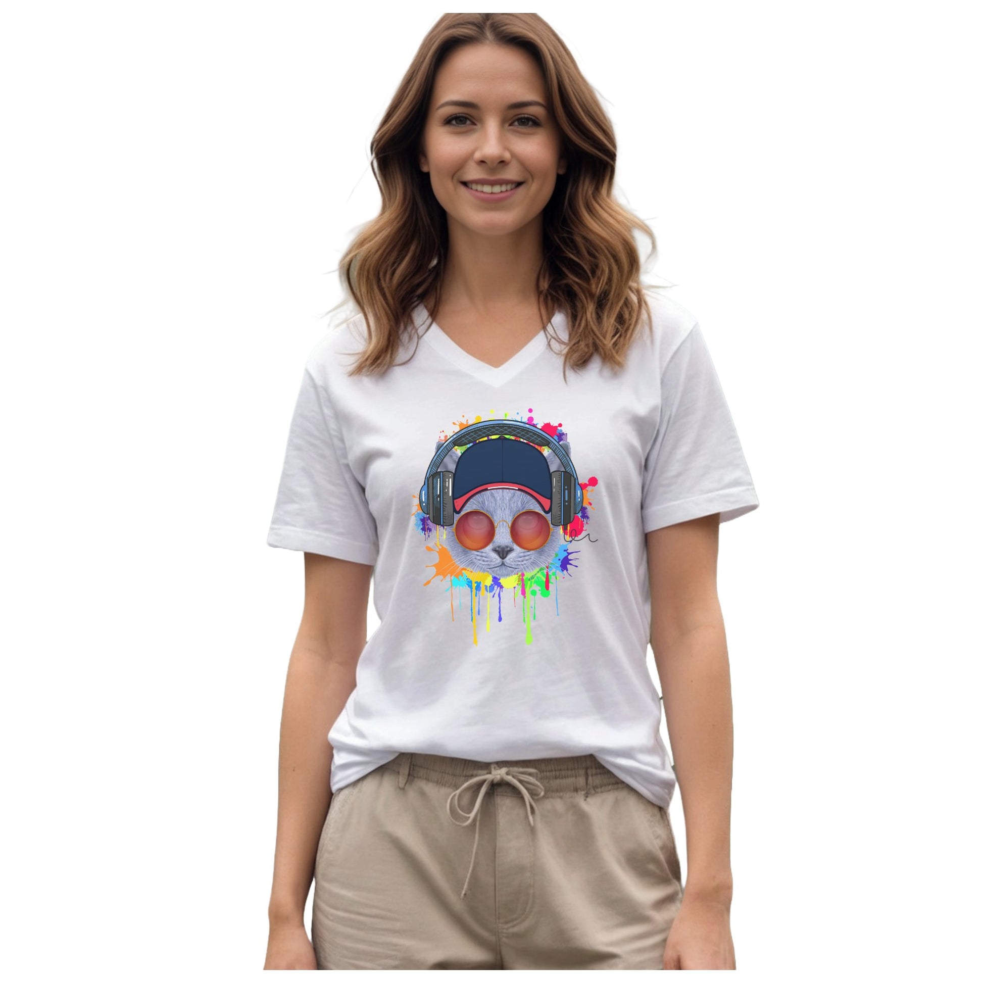 White Lost In Music Cat T-Shirt V-Neck Unisex