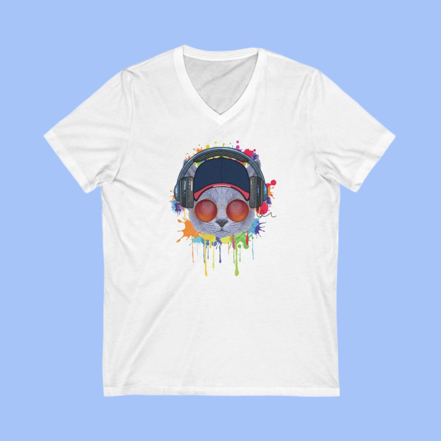 White Lost In Music Cat T-Shirt V-Neck Unisex