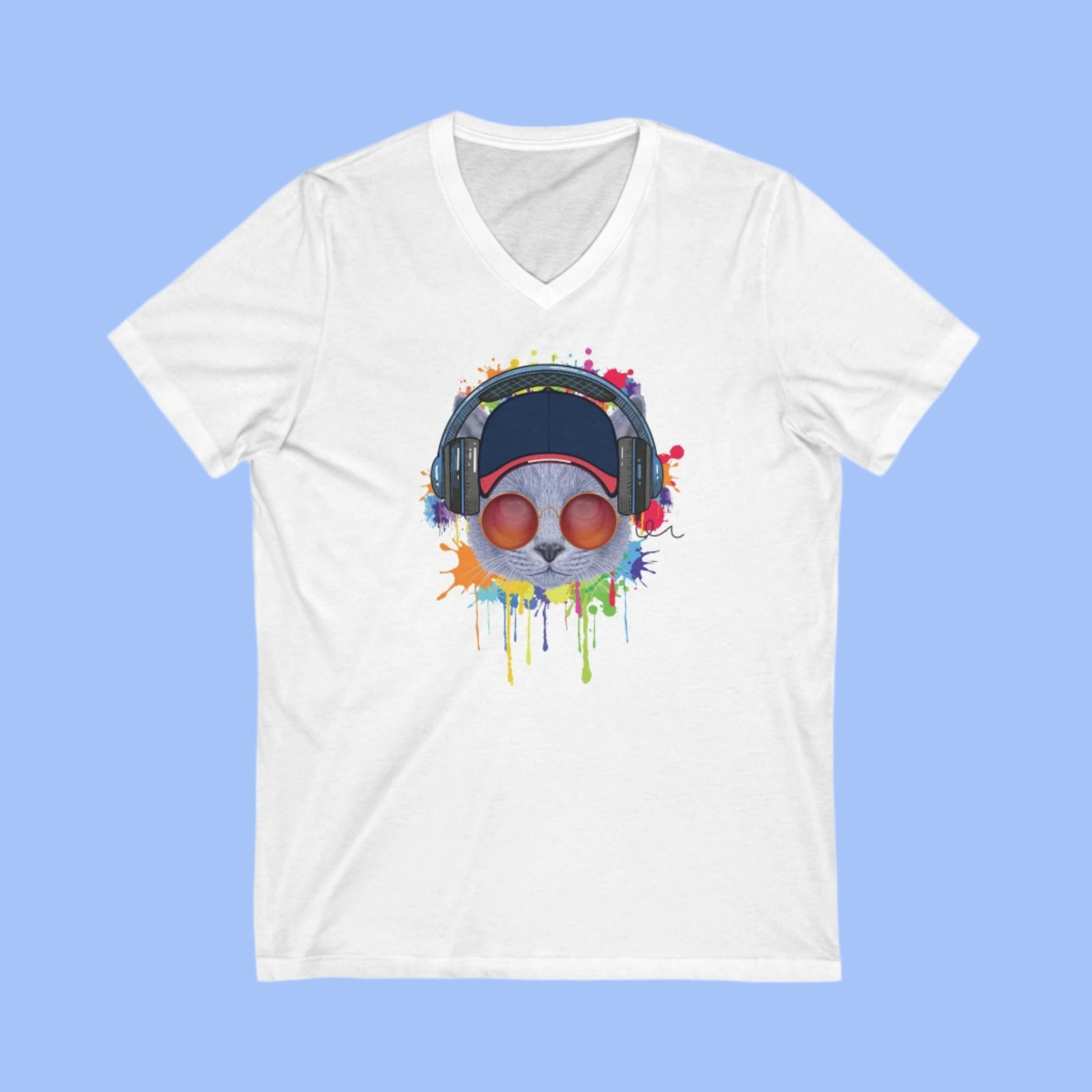 White Lost In Music Cat T-Shirt V-Neck Unisex