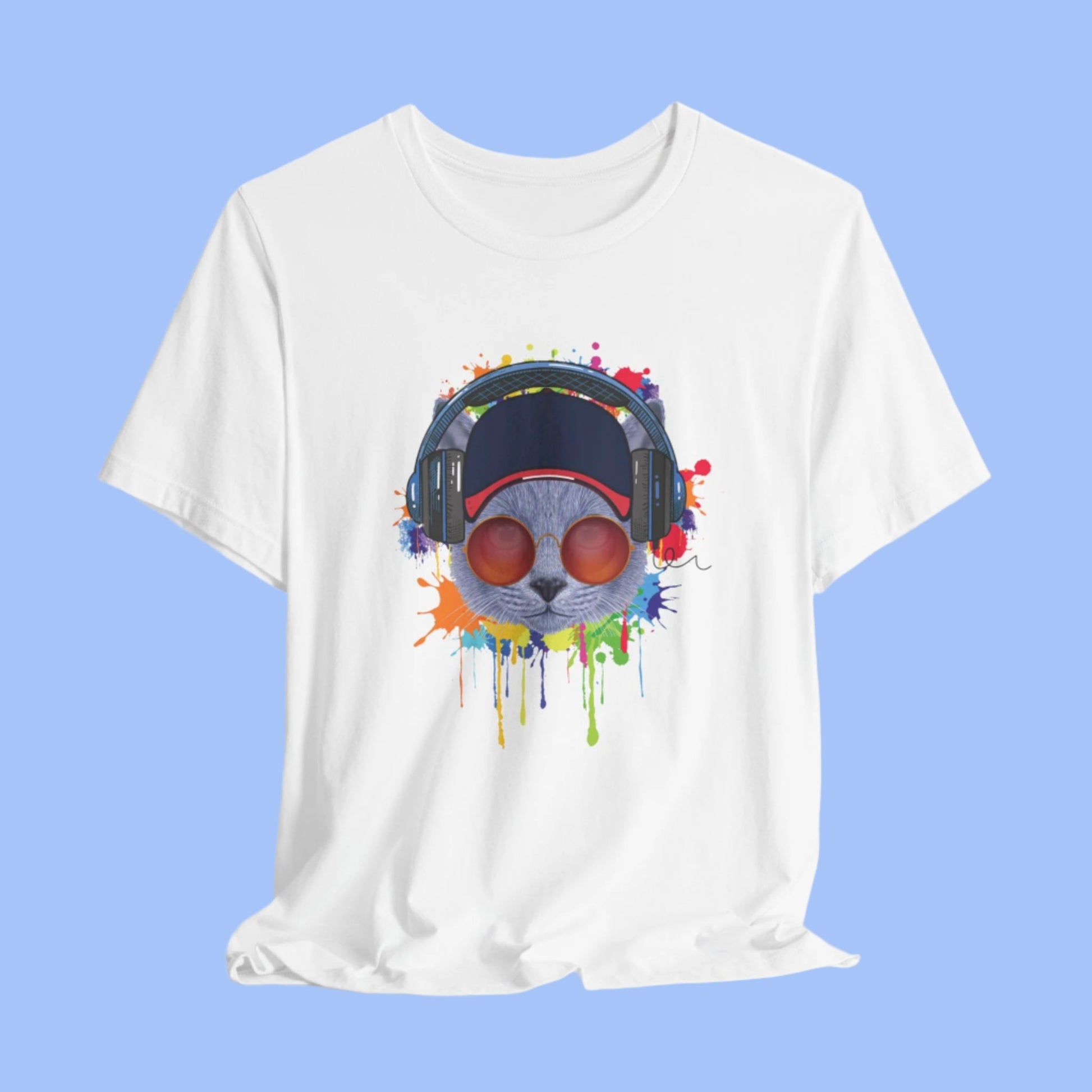 White Lost In Music Cat T-Shirt Unisex Crew Neck