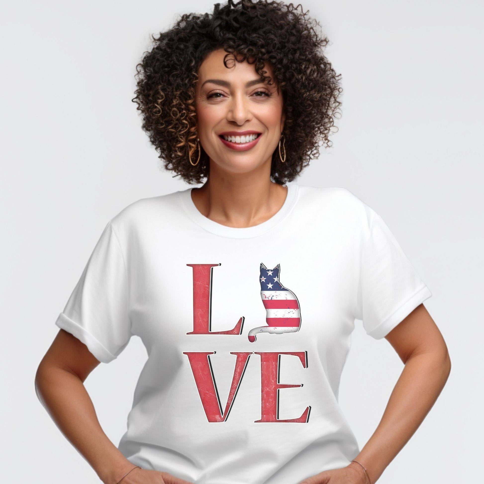 White Love USA T-Shirt Cat Themed Unisex