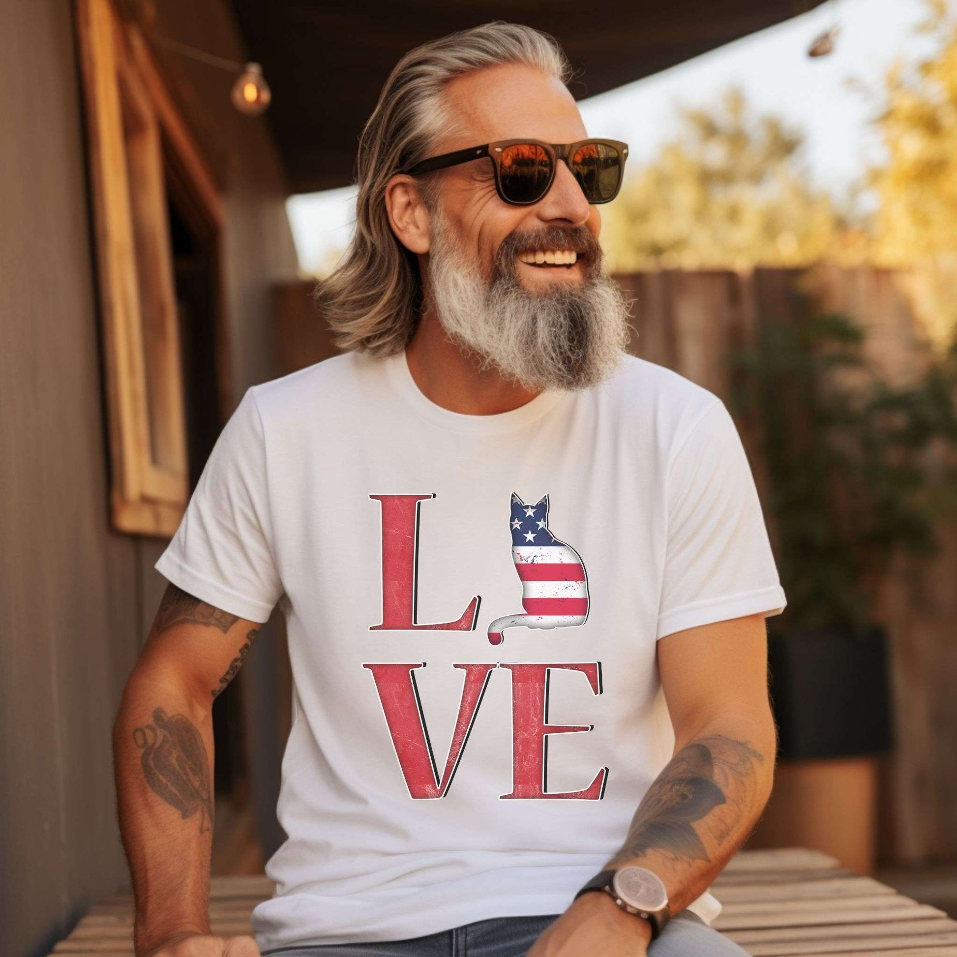 White Love USA T-Shirt Cat Themed Unisex