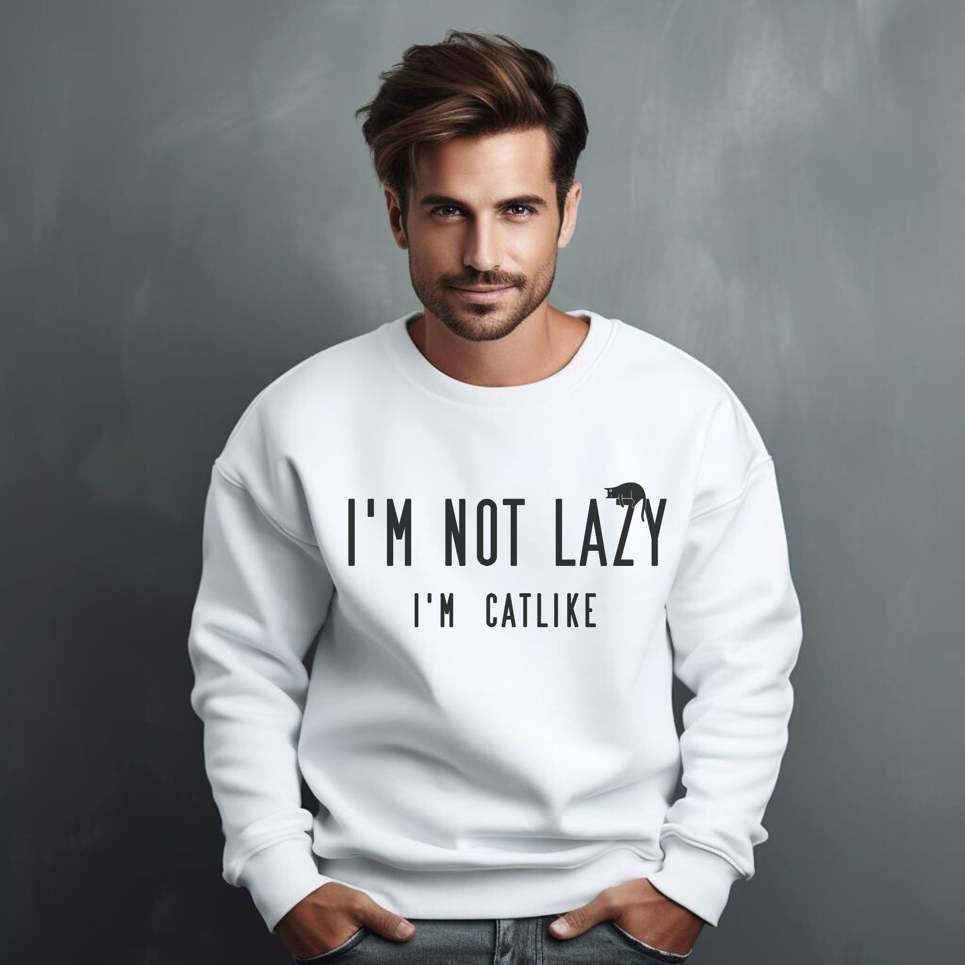 White Not Lazy Crewneck Unisex Cat Themed Sweatshirt