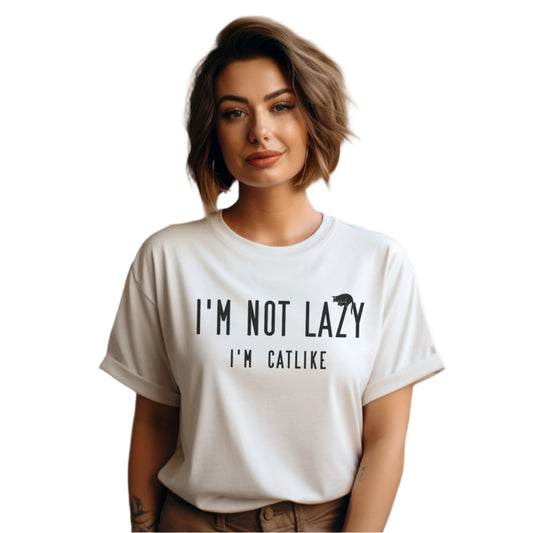 White Not Lazy T-Shirt Cat Theme Unisex Crew Neck